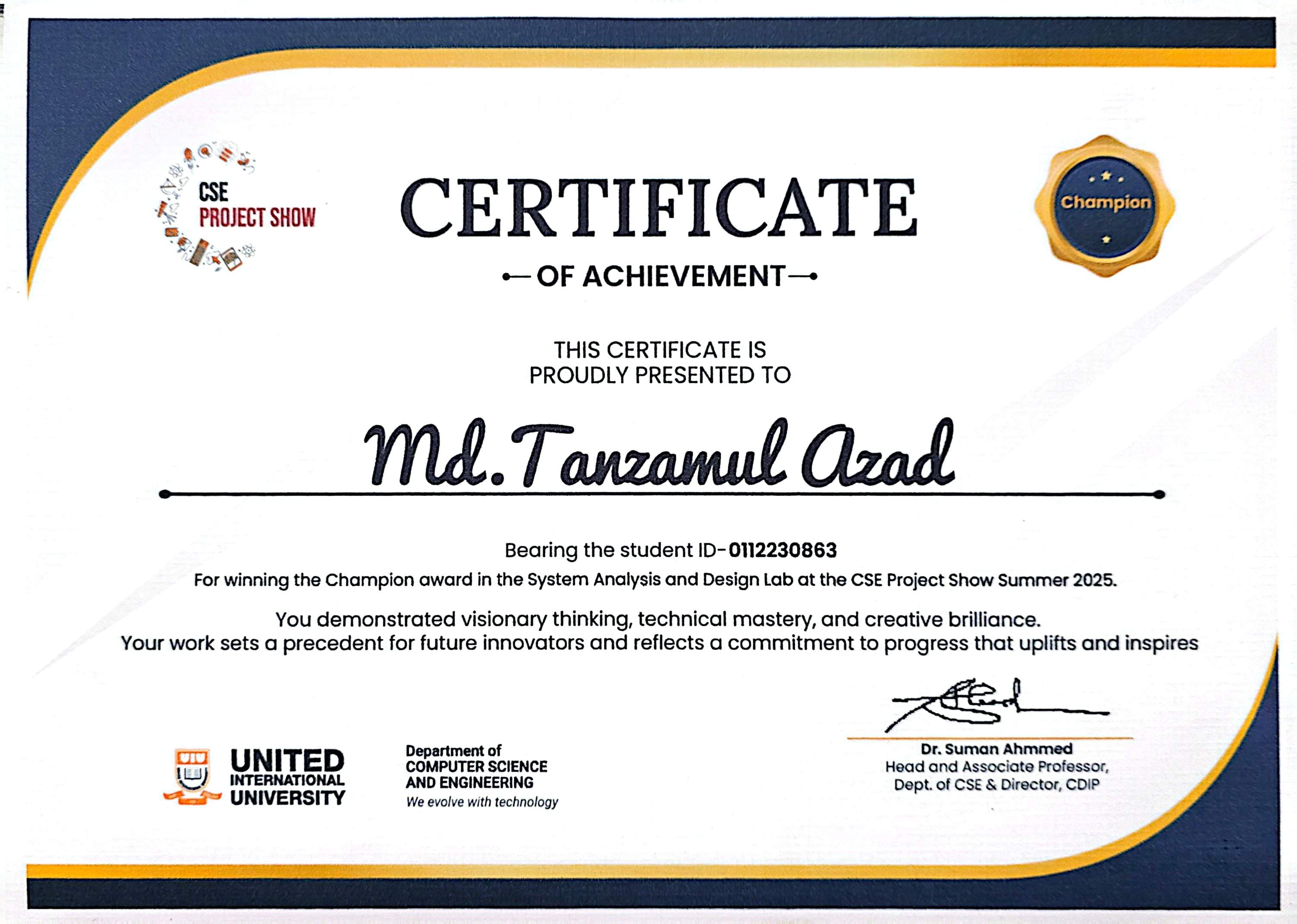 Champion, UIU CSE Project Show Summer 2025