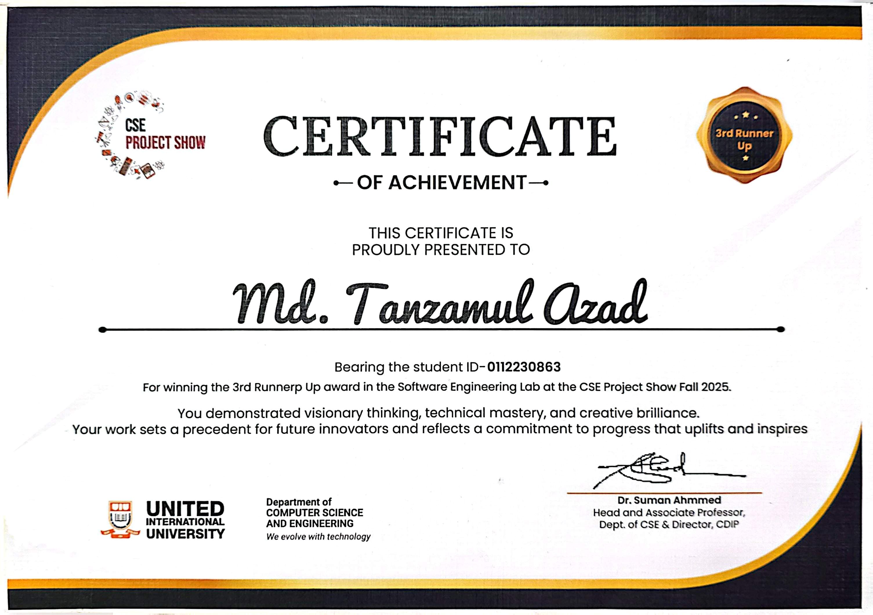 3rd Runner-Up, UIU CSE Project Show Fall 2025