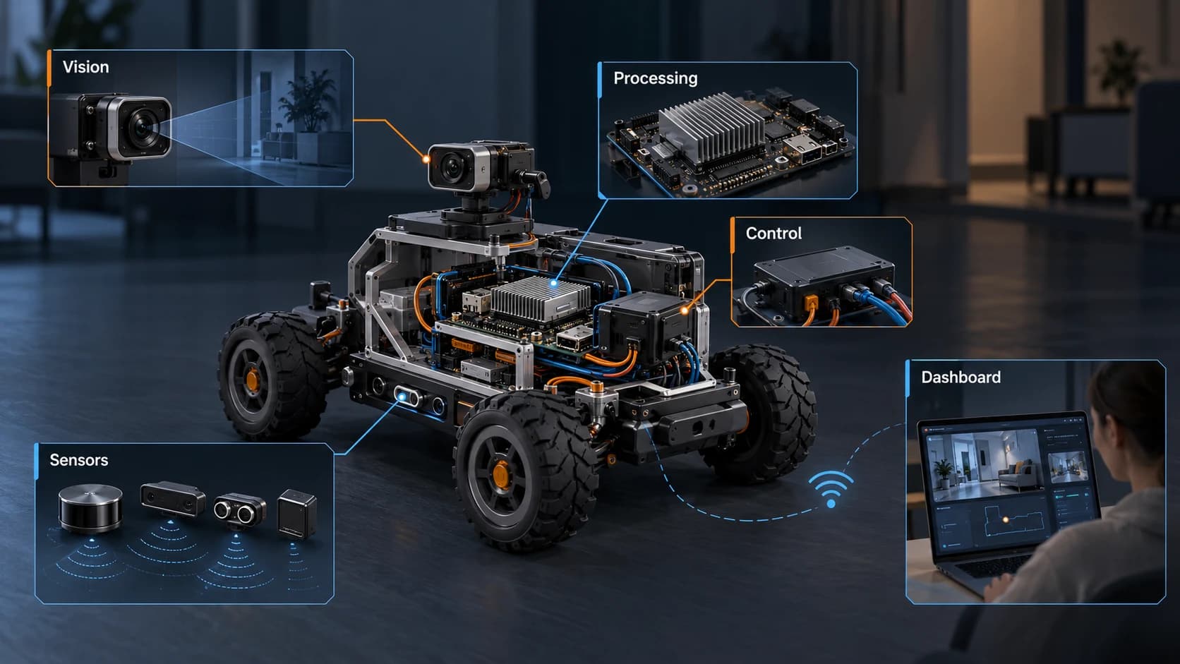 A conceptual rover connects vision, processing, sensing and control with a caregiver dashboard.