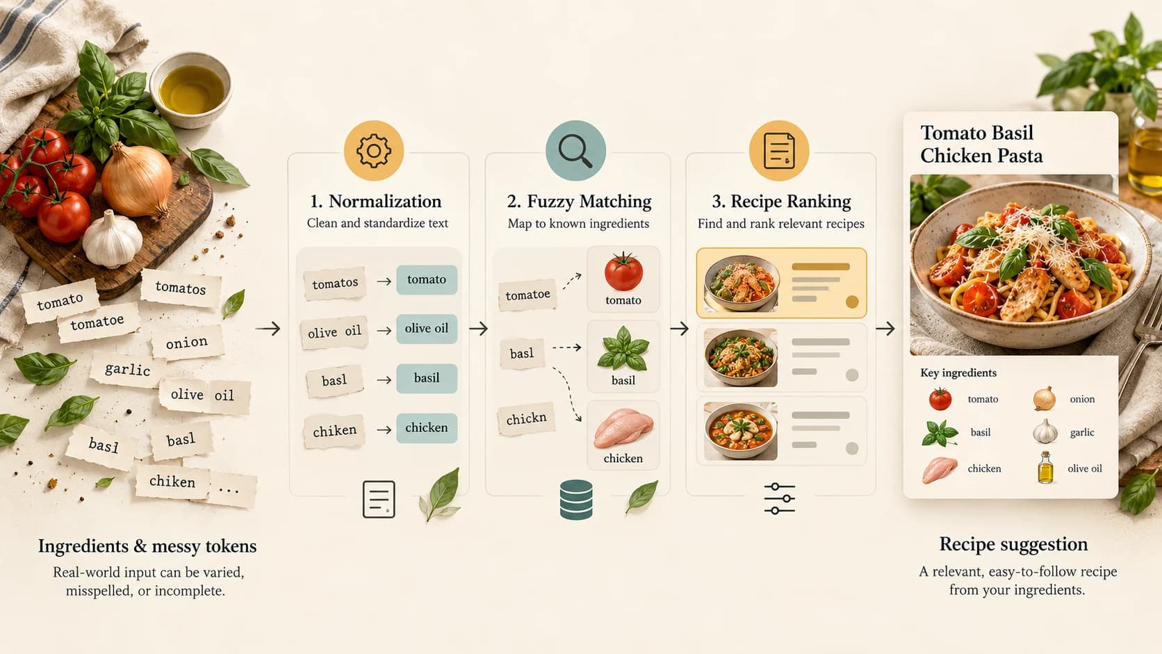 Noisy ingredient text passes through normalization, fuzzy matching and recipe ranking to produce suggestions.