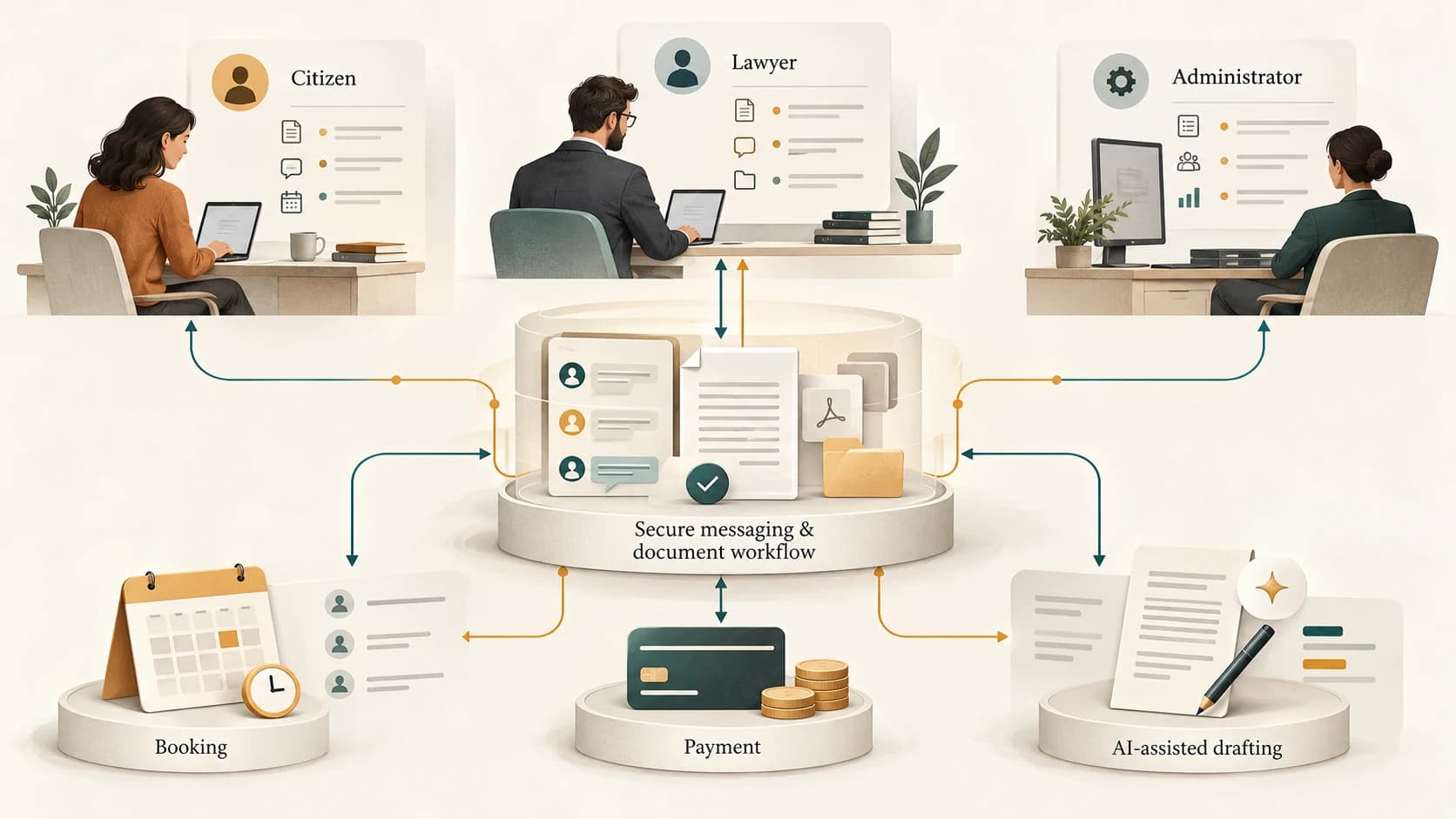 Citizen, lawyer and administrator workflows connect messaging, documents, bookings, payments and AI-assisted drafting.