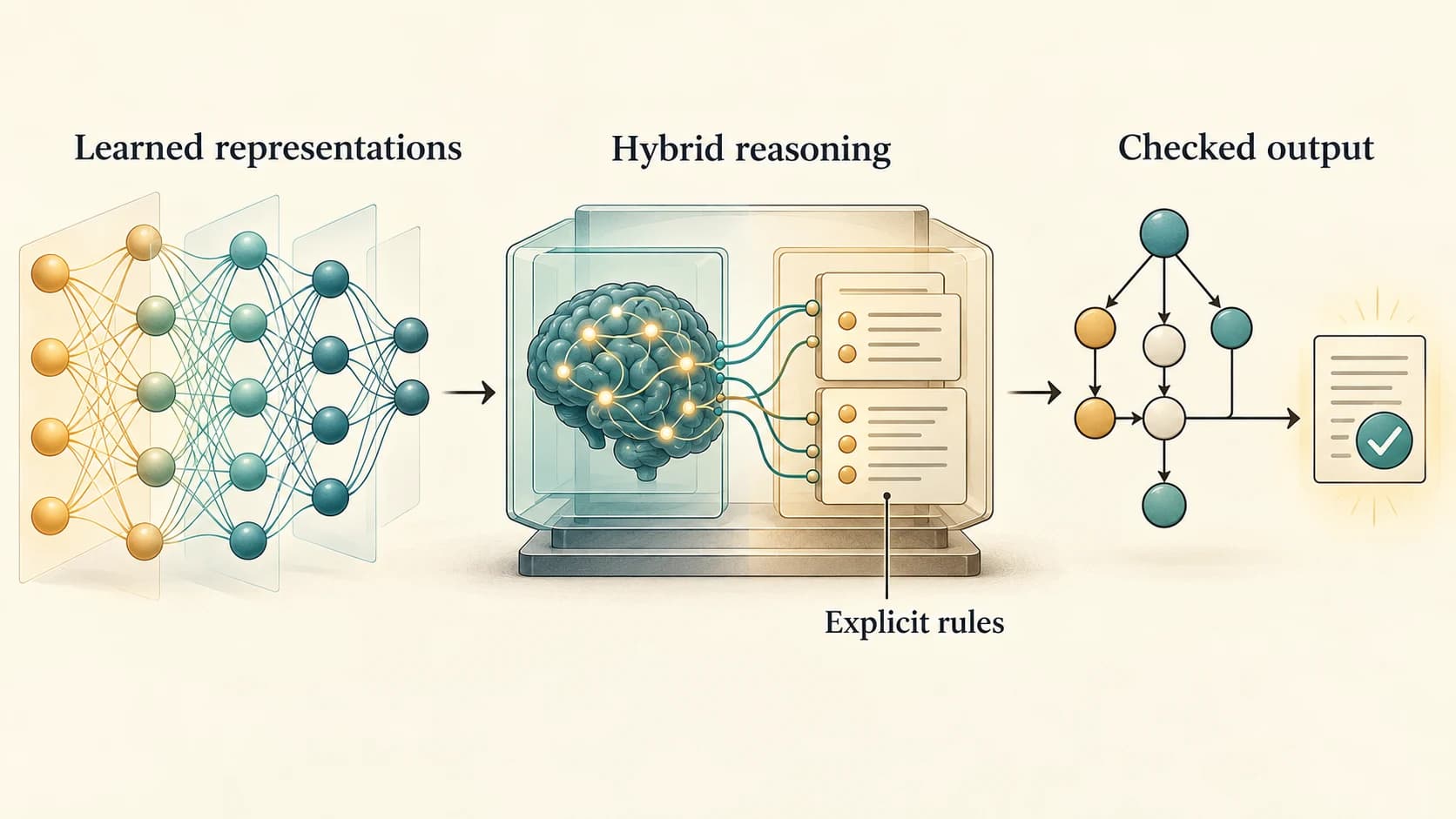 Neural representations combine with explicit rules to support hybrid reasoning and checked outputs.