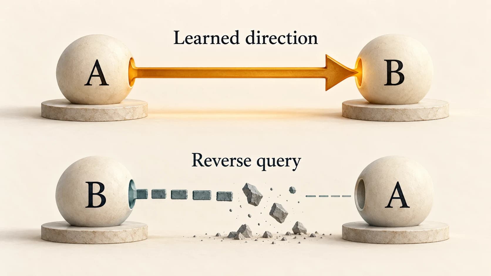 A learned forward relationship from A to B contrasts with an incomplete reverse relationship from B to A.